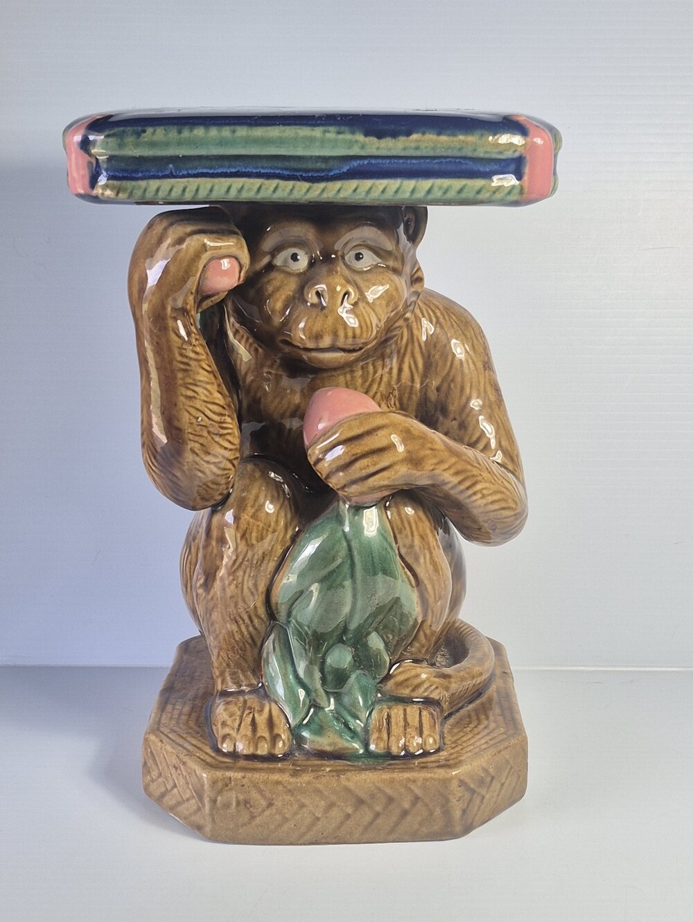 Vtg Majolica Style Monkey Plant Stand Chinoiserie Figural 11.75" Statue Table